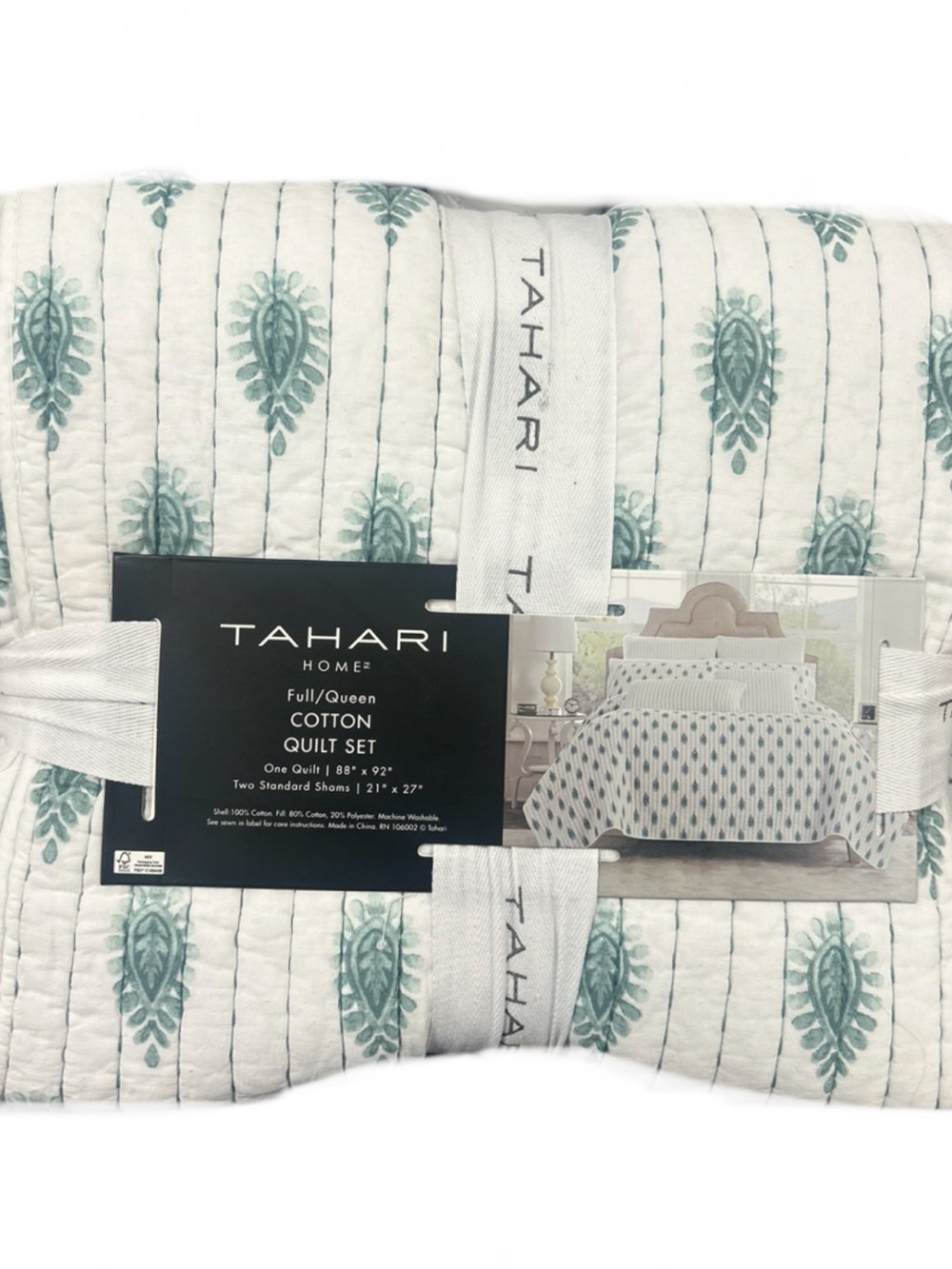 Tahari Green and White Full/Queen Cotton Quilt Set 88”x92”